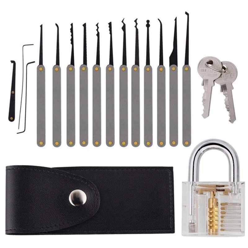 Practice Padlock with 12 Lock Picks & Key Extractor Tools - Transparent