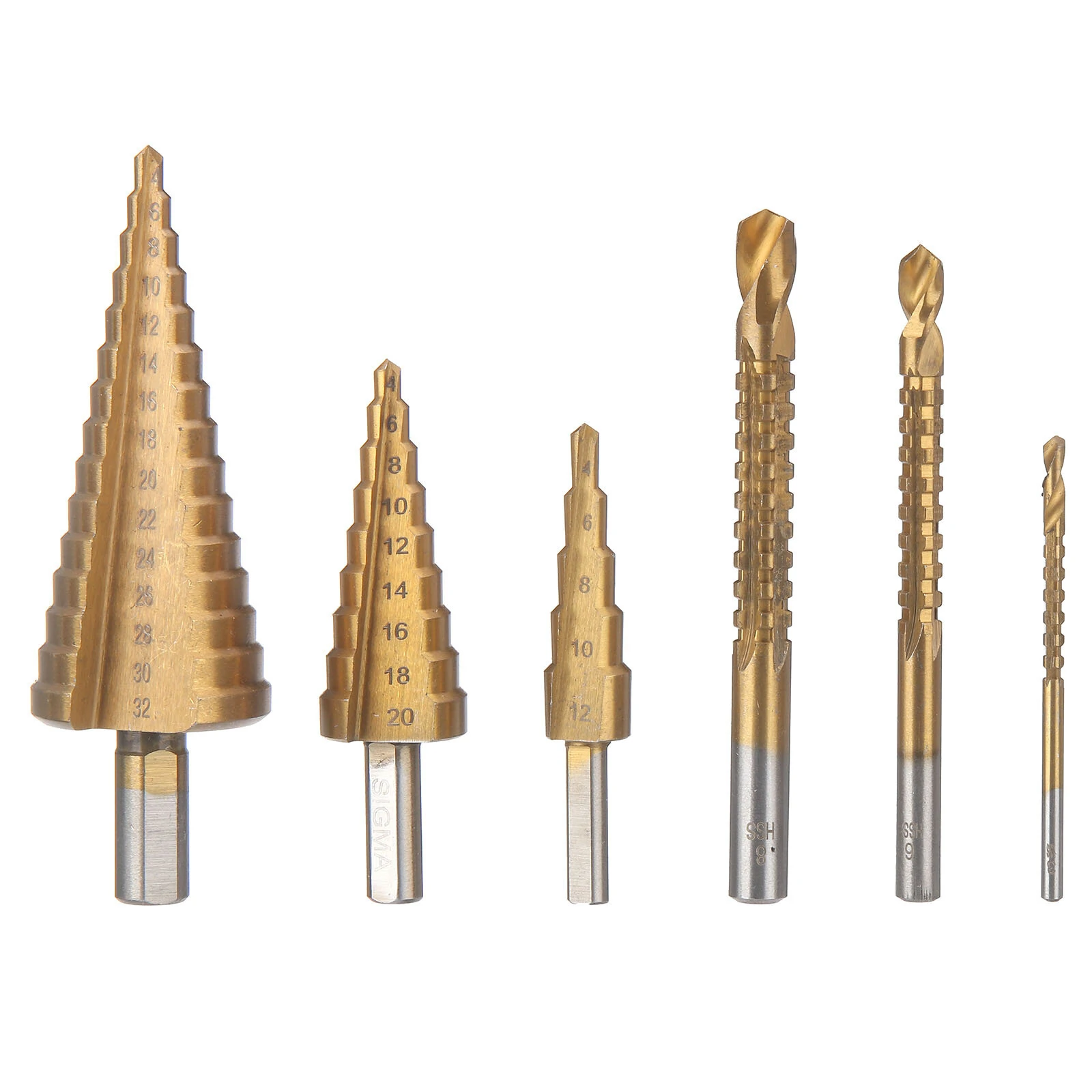 6PCs HSS Titanium Step Drill Bit Set | Straight Shank Cone Hole Cutter & Punch