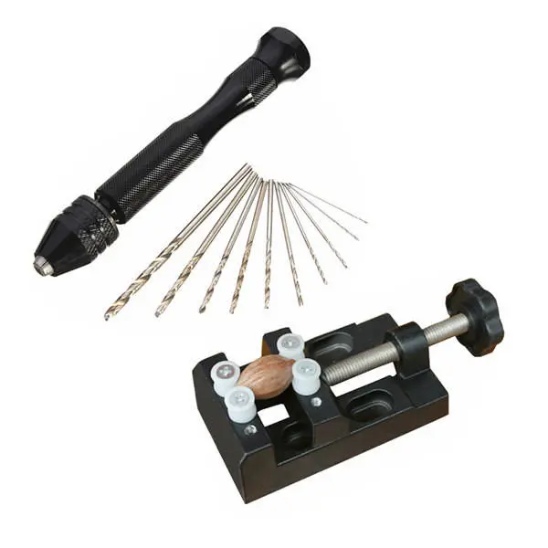 Mini Aluminum Hand Drill with Bench Clamp | 10 Twist Drill Bits for Carving