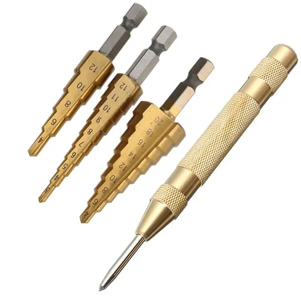 Drillpro 3-12/4-12/4-20mm HSS Titanium Step Drill Bits | 3-Piece Set with Center Punch