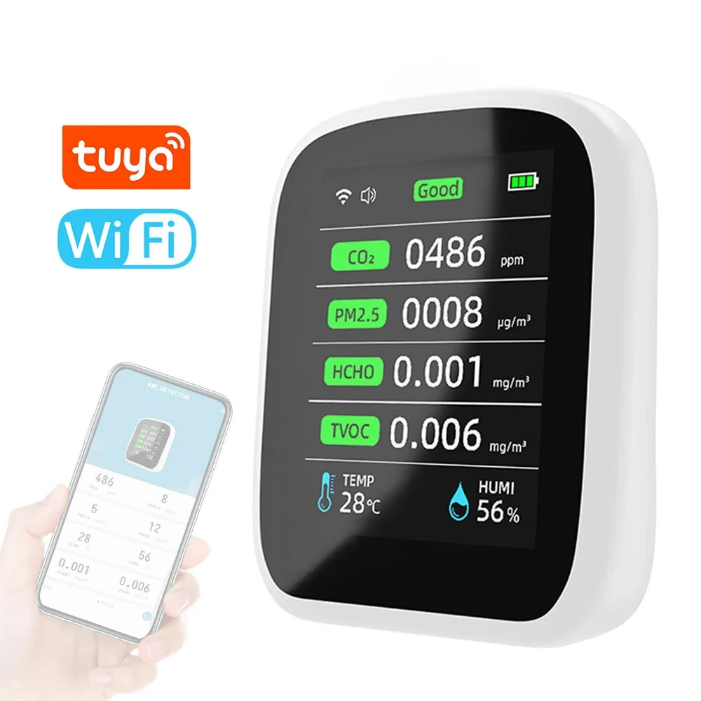 Tuya WIFI Air Quality Monitor - 8-in-1 CO2 HCHO TVOC PM2.5 Tester | Temp & Humidity