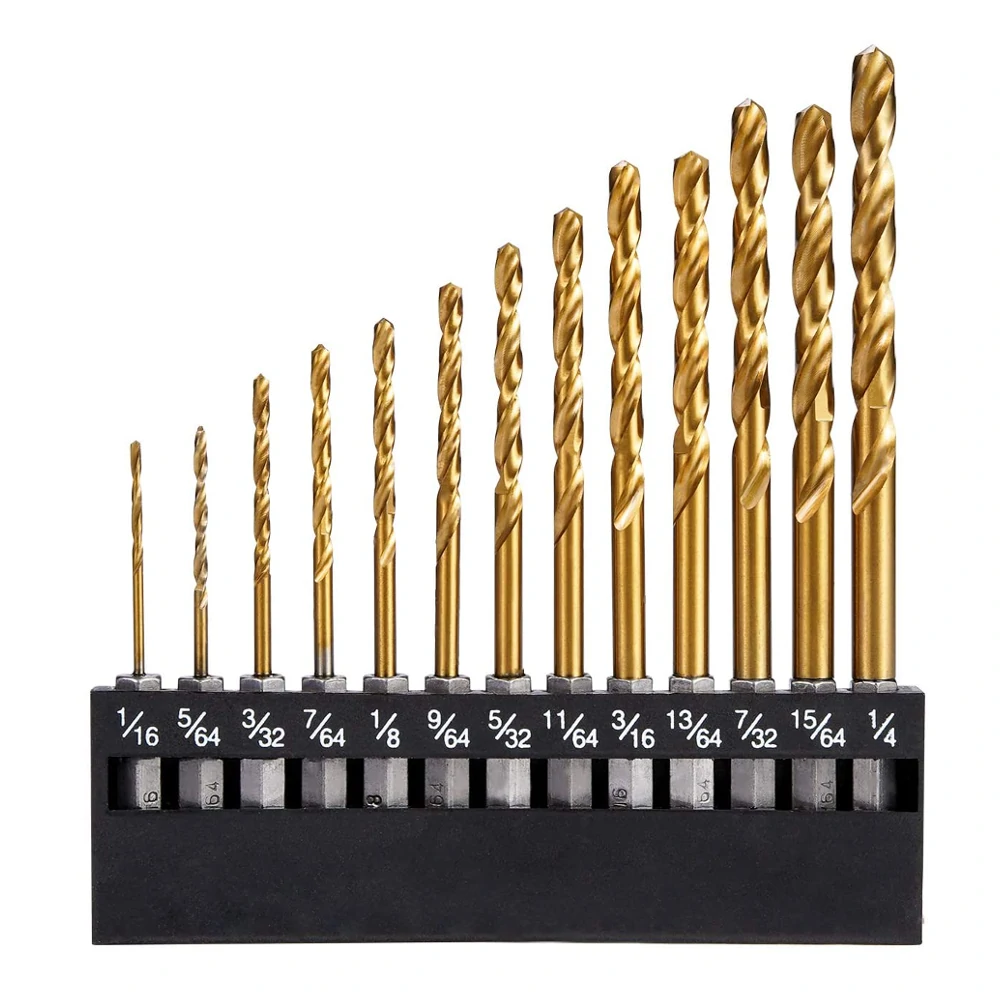Drillpro 13Pcs Titanium HSS Drill Bit Set | 1/16-1/4 Hex Shank | Quick Change
