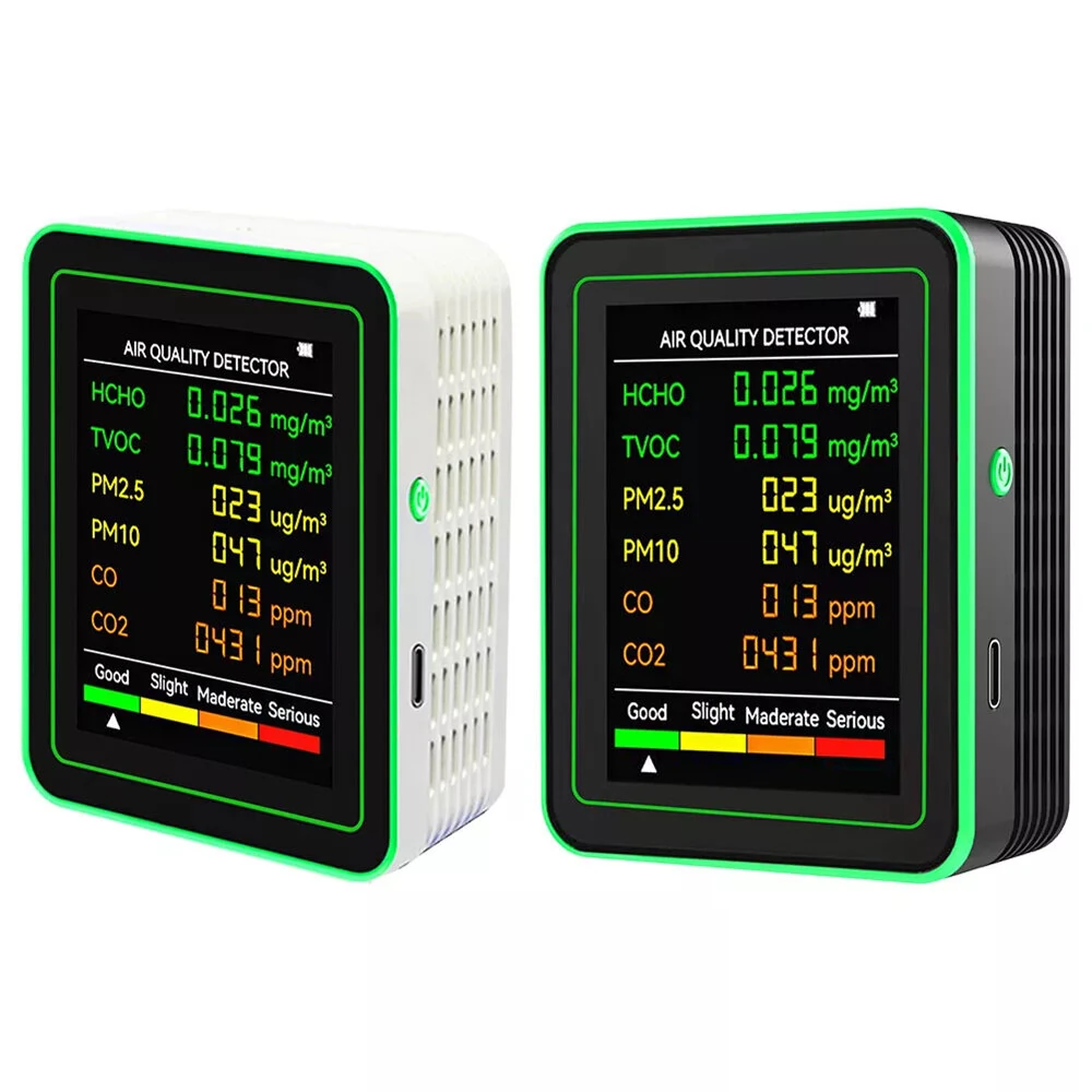 6-in-1 Air Quality Monitor - HCHO TVOC PM2.5 CO2 Tester | USB-C Rechargeable
