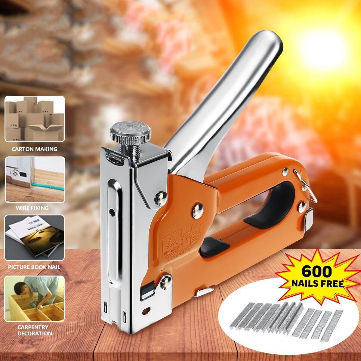 Manual Hand Nailer Stapler for U Nails & T Nails - 600 Nail Kit - Steel Nailing Machine