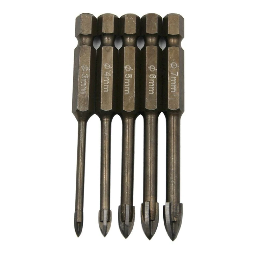 5pcs 3-7mm Cross Glass & Ceramic Drill Bit Set - Hex Shank Hole Saw