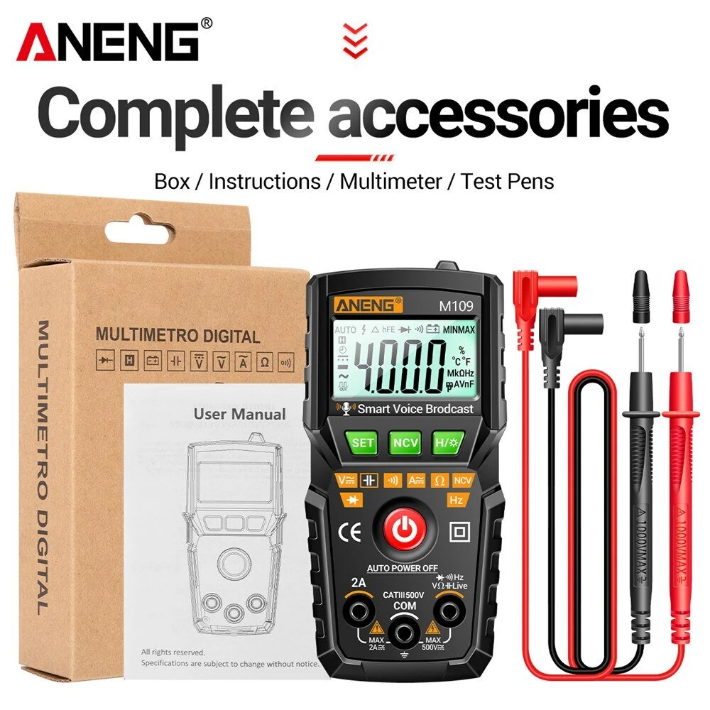 ANENG M109 Digital Multimeter | 4000 Count AC/DC | Voice Broadcast Auto-Ranging