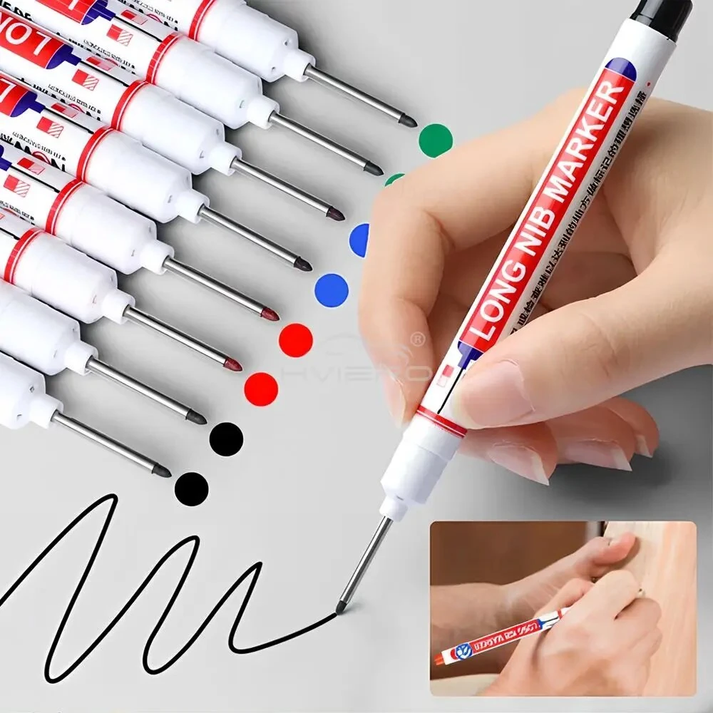 10pcs Multi Purpose Deep Hole Marker Pens - Long 20mm Nib - Waterproof Black Blue Red Ink for Woodworking & Construction