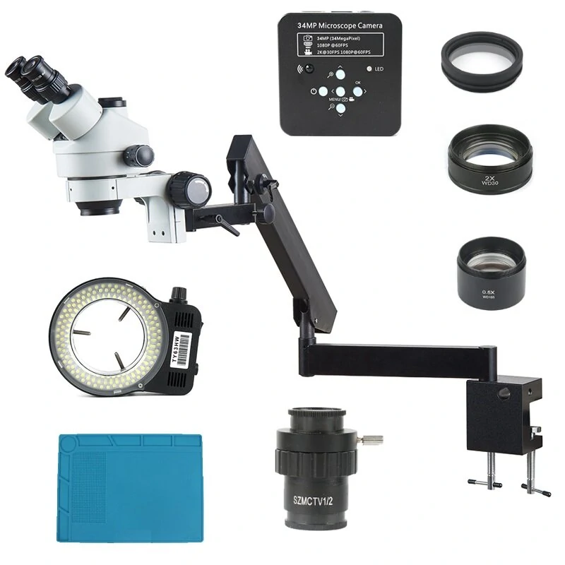 AmScope 3.5X-90X Trinocular Stereo Microscope | Articulating Arm | 34MP Camera for PCB Inspection