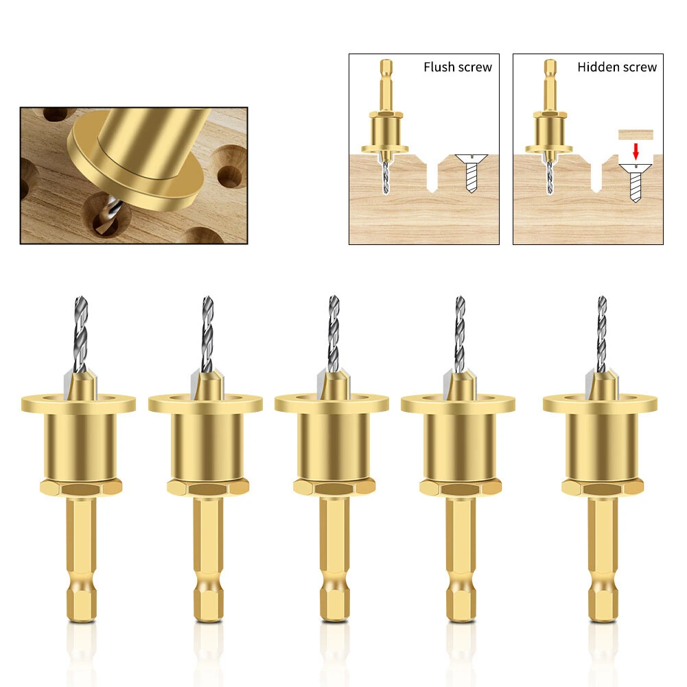 5PCS 6.35mm Hex Shank Tungsten Carbide Countersink Drill Bits Set | Adjustable Depth Stop | 2.8-4mm Sizes for Woodworking