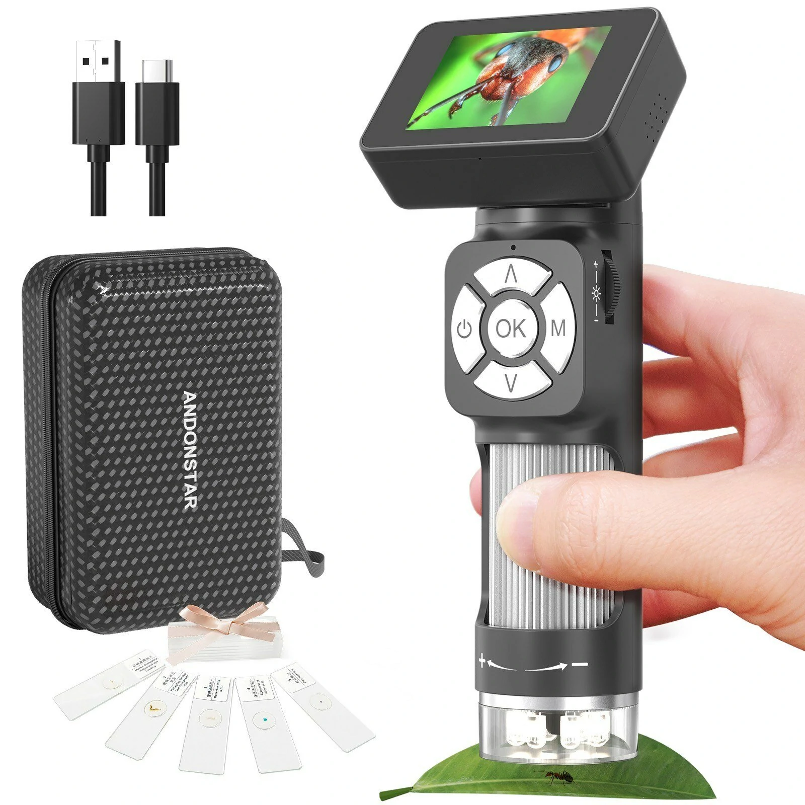 AD112 Portable Digital Microscope - 500X Magnification, 2 LCD Screen, 8 LED Lights, USB for PC