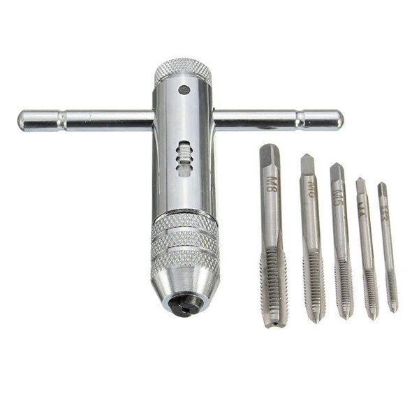 Drillpro T-Handle Ratchet Tap Wrench Set | M3-M8 Metric Plug Taps | 5pc Machine Screw Thread Kit