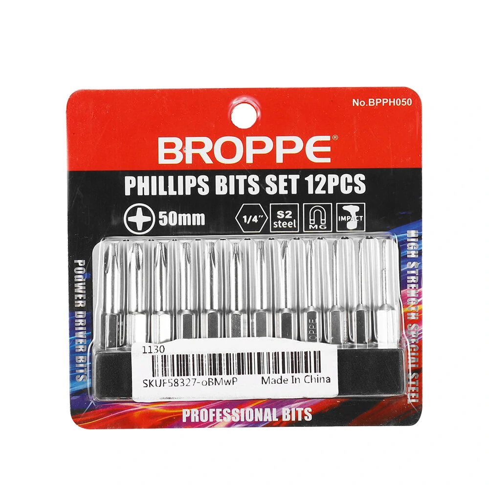 BROPPE 12Pcs 50mm S2 Alloy Steel Magnetic Screwdriver Bits | 1/4 Inch Hex Shank