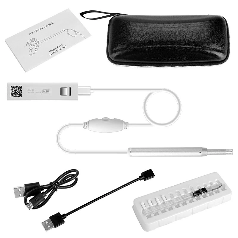 F170B White WiFi Otoscope | Wireless Ear Cleaner & USB Borescope Inspection Camera