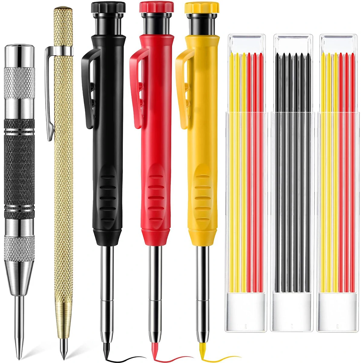 Carpenter Pencil Set - 8 Pack with Sharpener & Carbide Scribe Tool | Multi-Color Refills
