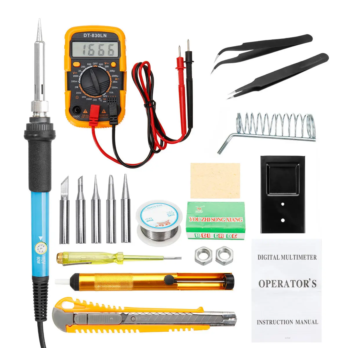 60W Electric Solder Iron Kit with Wood Burning Pen & 9V LCD Multimeter | US Plug