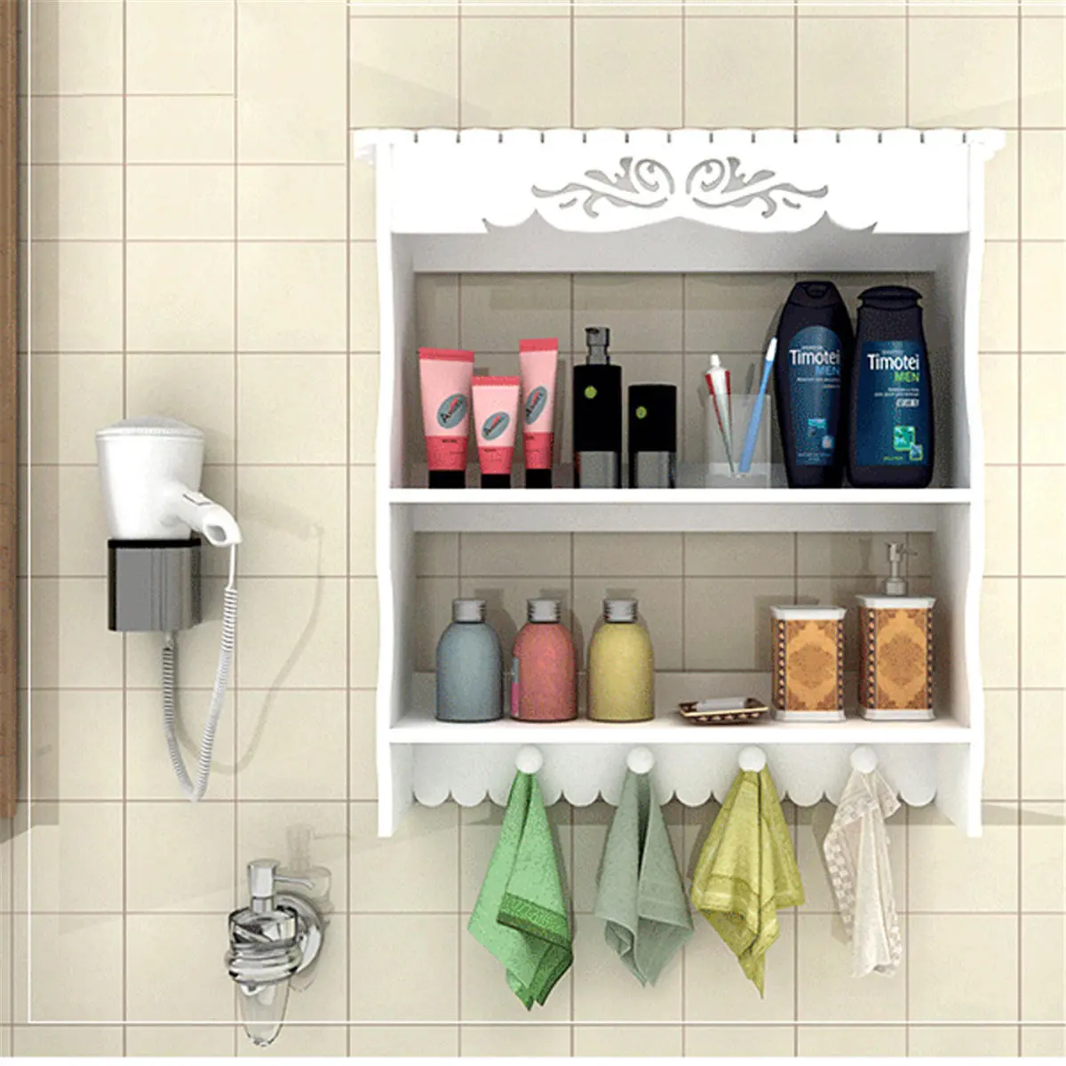 2-Tier Wall-Mounted Bathroom Shelf with Towel Hooks | Storage Organizer Rack