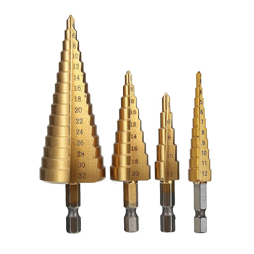 Drillpro 4Pcs HSS Titanium Step Drill Bit Set | 1/4 Inch Hex Shank | 3-32mm