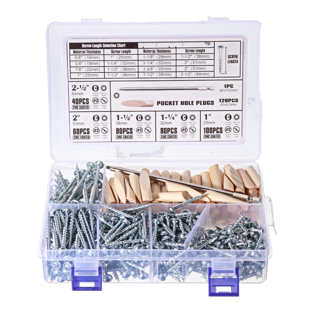 482Pcs Pocket Hole Screw Kit | 25-64mm Self Tapping SQ2 Square Head with Plugs & Driver Bit