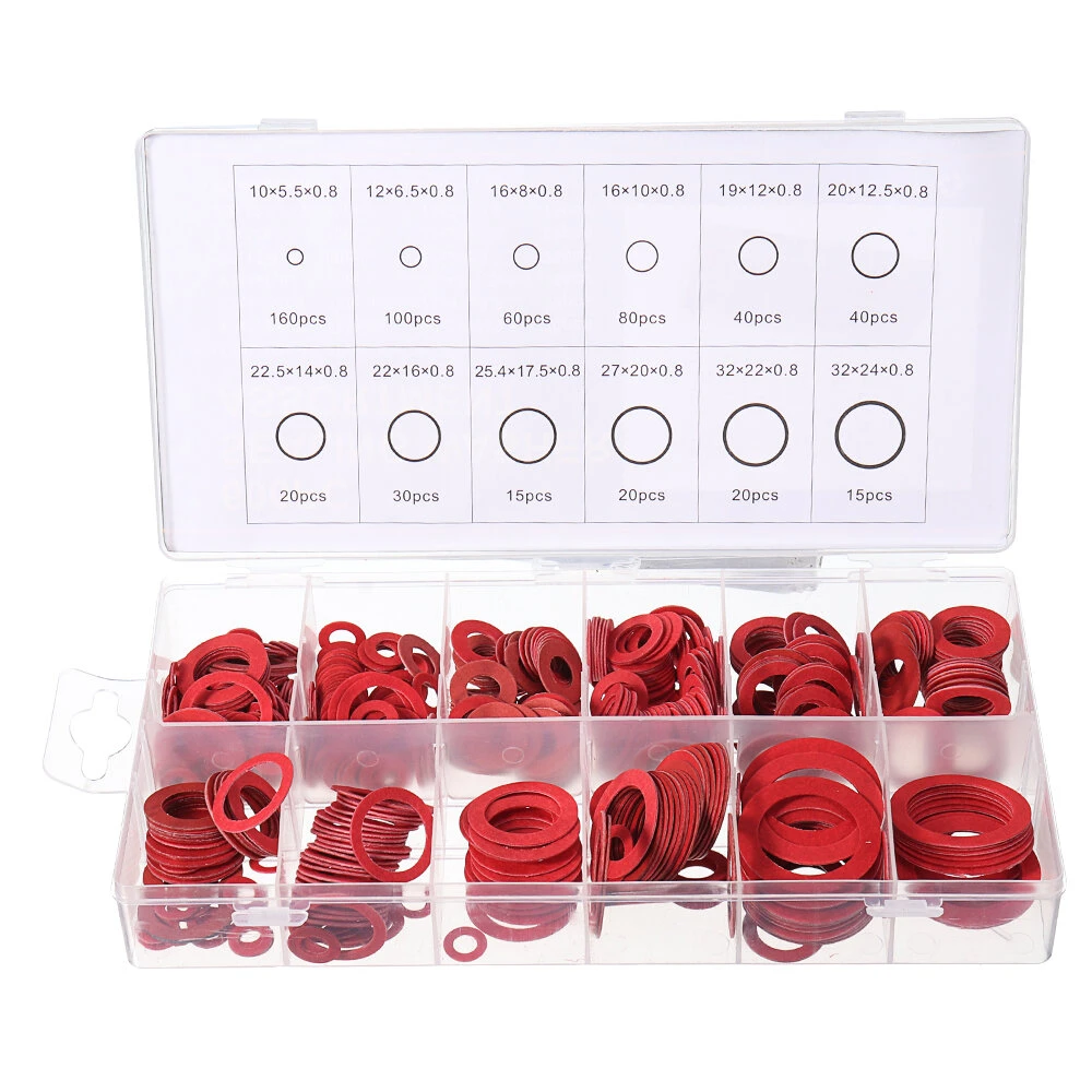 150/600pcs Steel Sealing Washer Assortment - Red Flat Ring Gaskets for Fittings