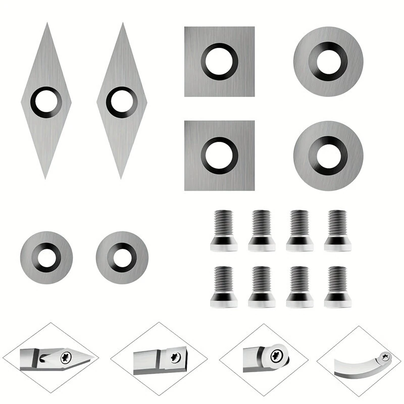 WenCrew 8Pcs Tungsten Carbide Cutter Set for Wood Lathe | 11mm Square & Round Inserts