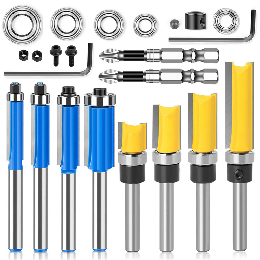 23pcs 1/4 Inch Shank Tungsten Carbide Router Bit Set | 6mm Flush Trim with Bearing for Woodworking