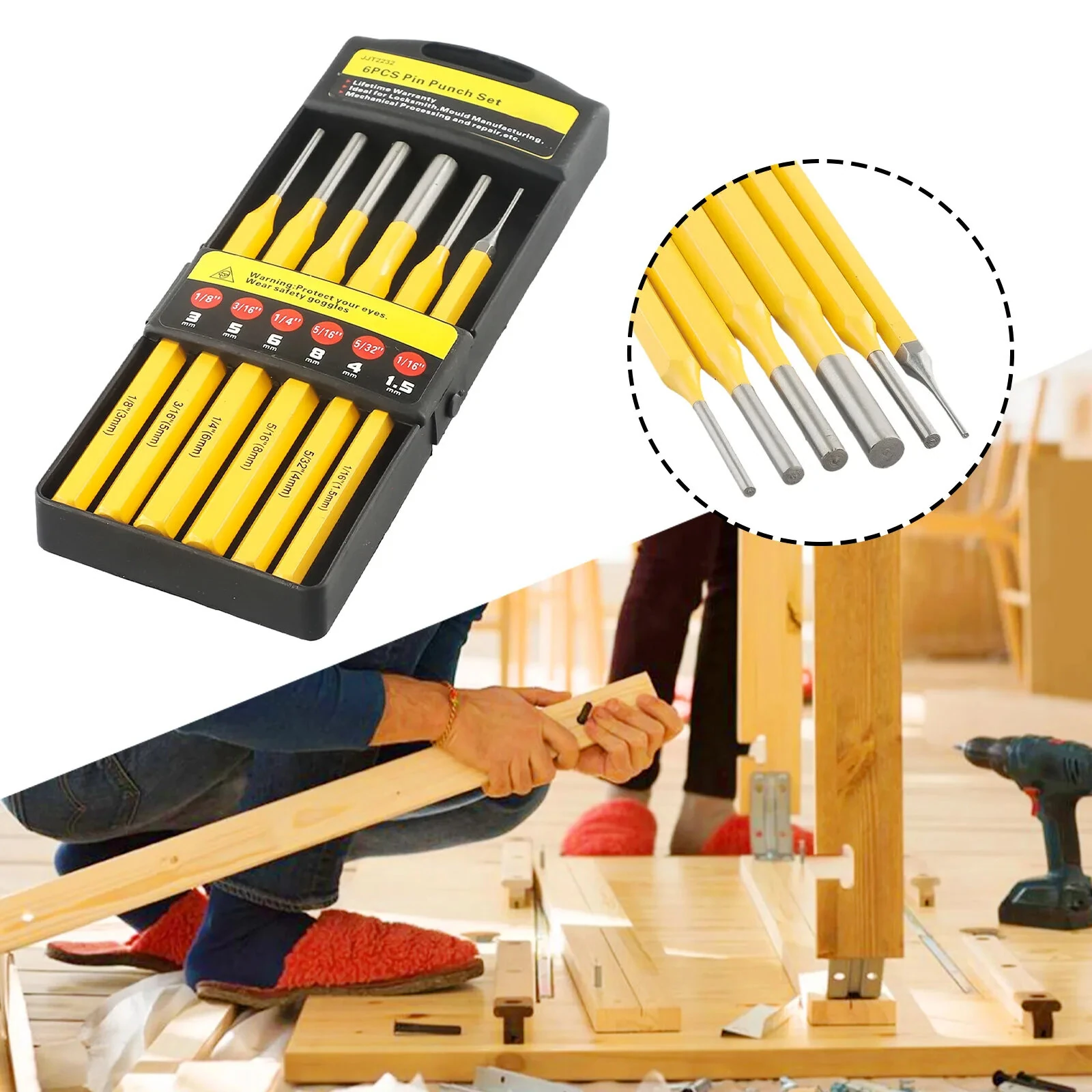 6PCS Roll Pin Punch Set - 1/8 to 5/16 Inch - For Pistol, Hunting & Woodworking