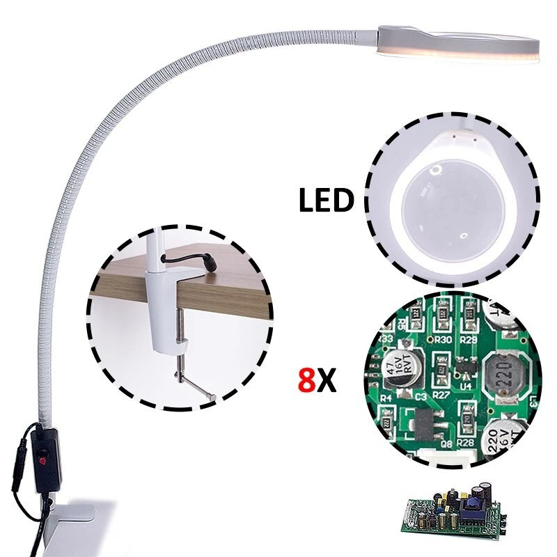 Desk Magnifier Lamp with 48 LEDs | 8X Magnifying Glass & 800mm Flexible Arm for Reading