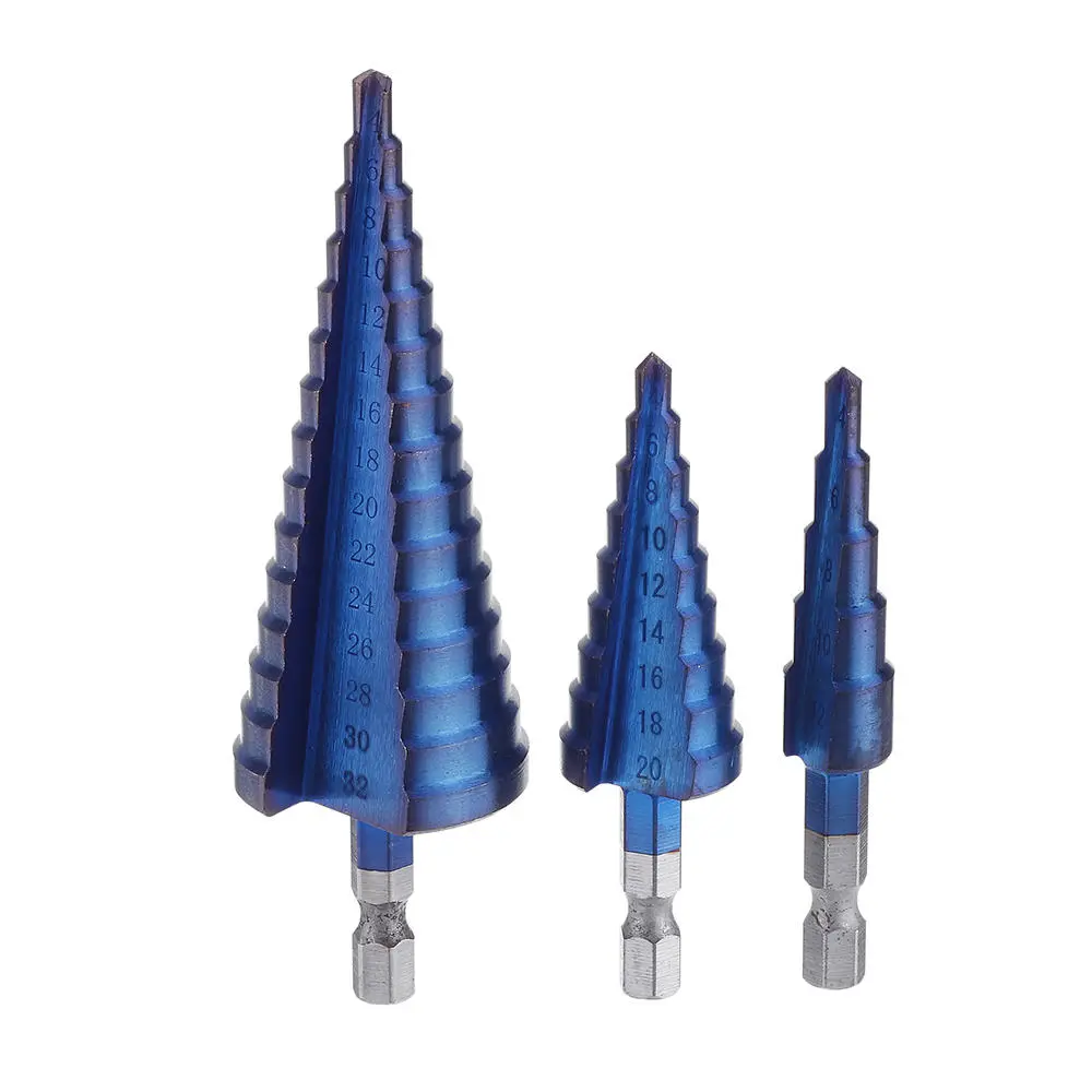 Upgrade 3Pcs Blue Nano Step Drill Bit Set | 1/4 Hex Shank | 4-12mm & 4-32mm