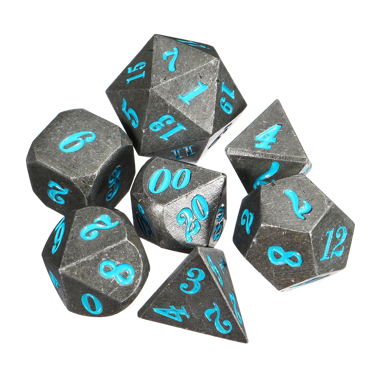 Antique Metal 7-Piece Polyhedral Dice Set - Heavy Metal D&D Dice w/ Bag