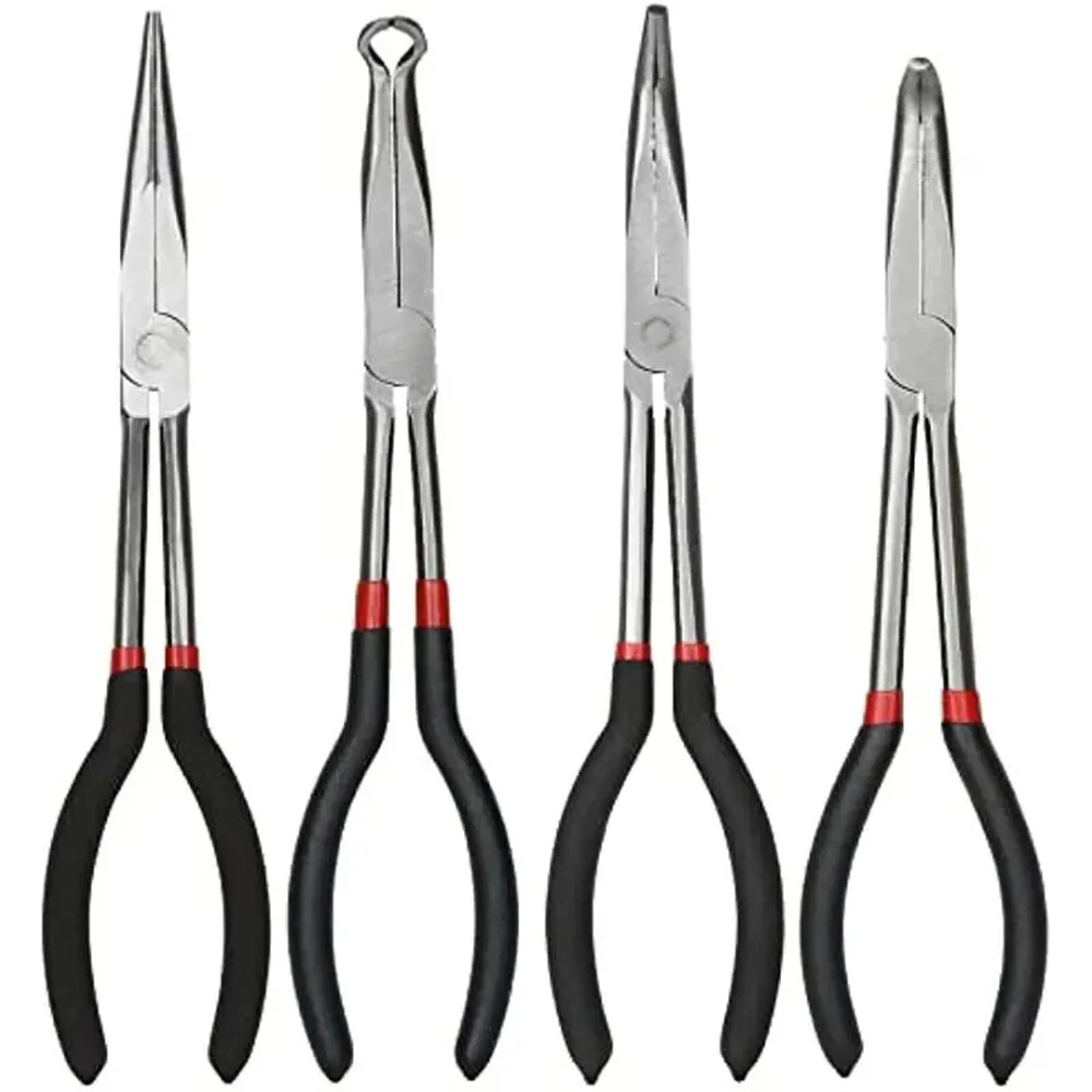 4PCS Long Needle Nose Pliers Set - 11 Inch Carbon Steel with Rubber Grips