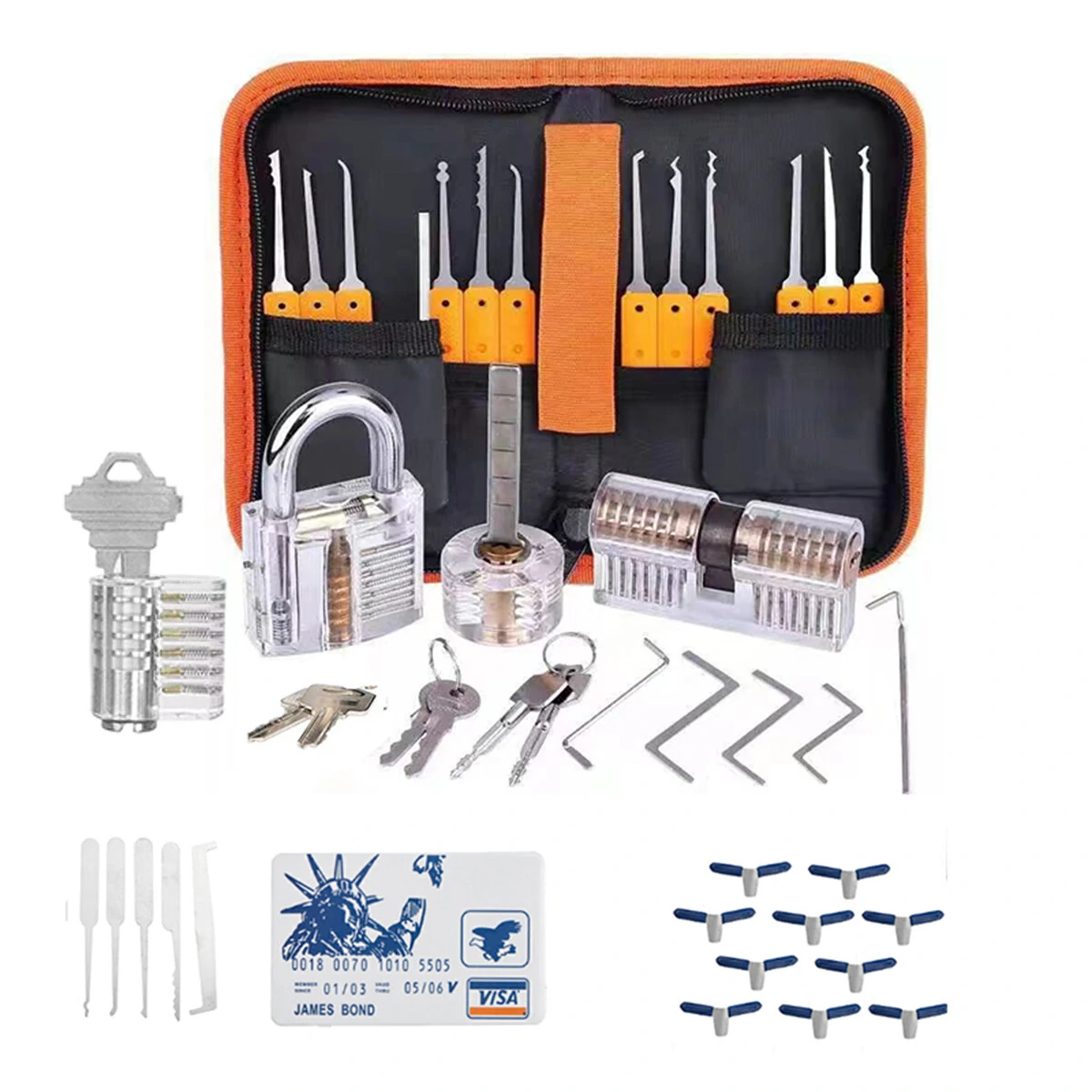 44PCS Orange Lock Pick Set with Padlocks - Spring Steel Tools & Transparent Practice Locks