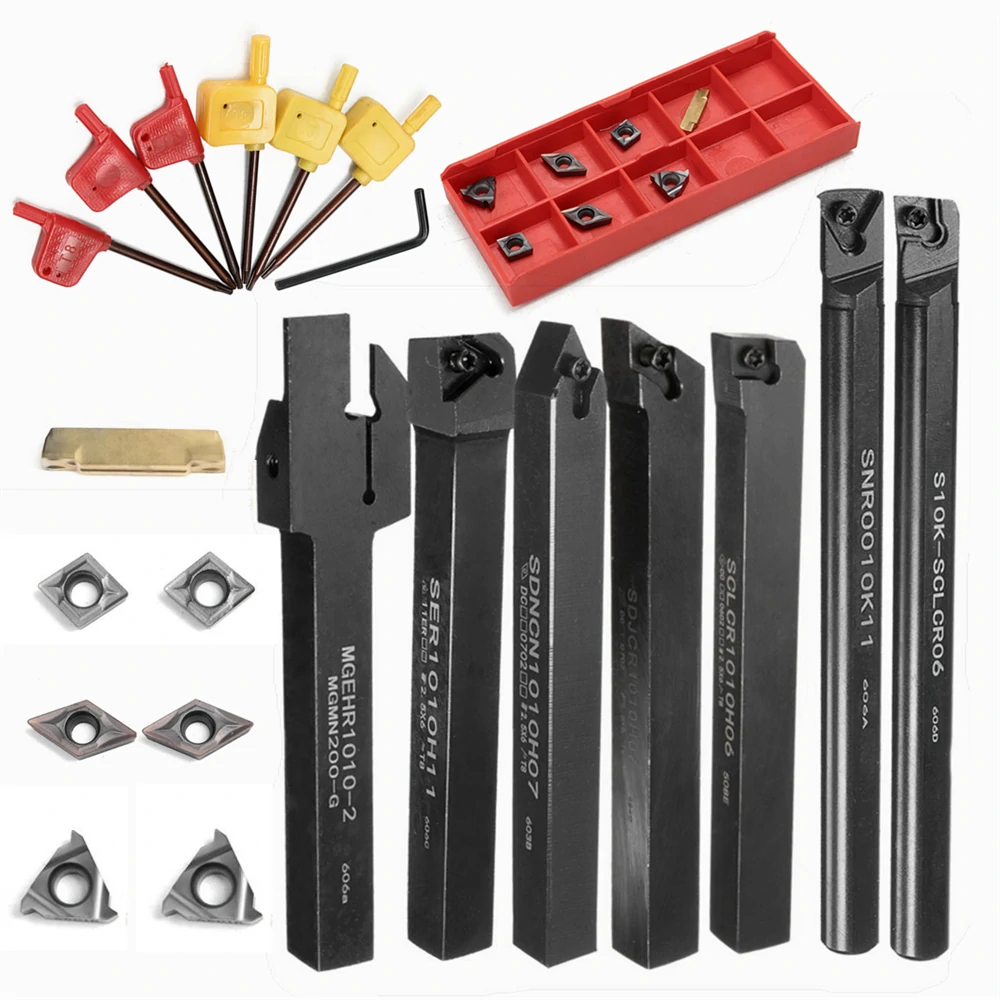 VP15TF Carbide Inserts - 7pcs 10mm Shank Lathe Boring Bar & Tool Holder Set