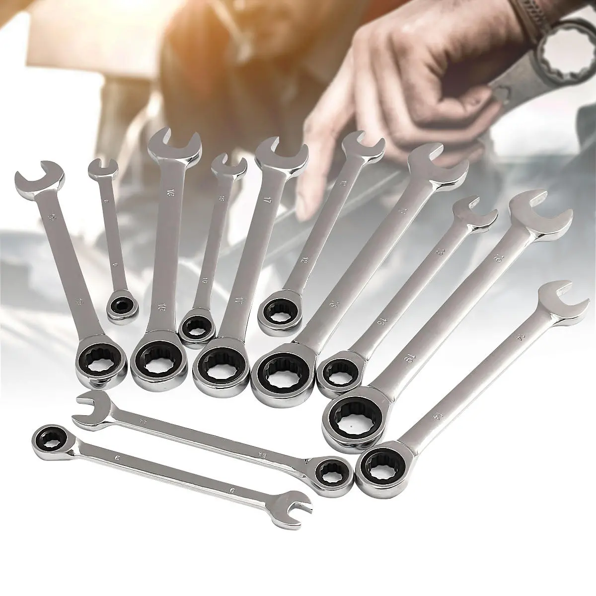 12Pcs 6-19mm Ratchet Wrench Set | Ratcheting Spanner Open Ring | Car Repair DIY Tool