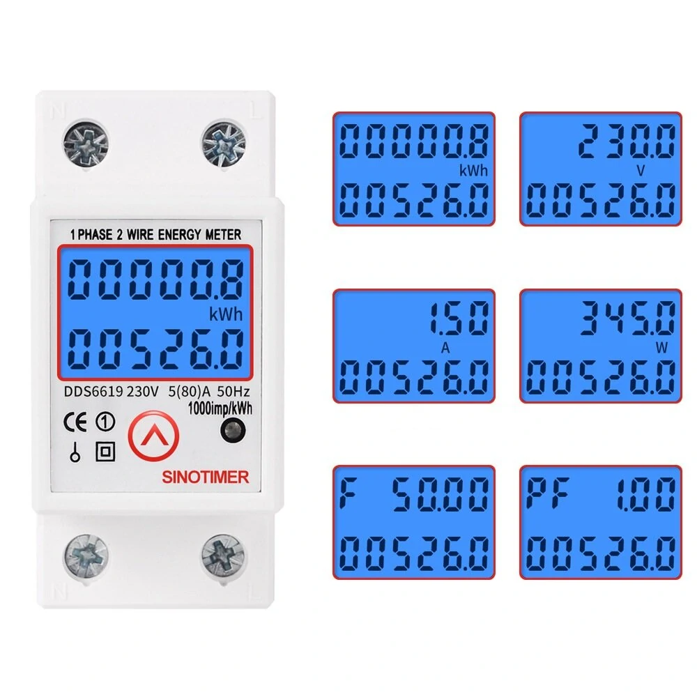 SINOTIMER DDS6619-526L-2 Single-Phase Energy Meter | 230V Rail Mount | Reset & Backlight