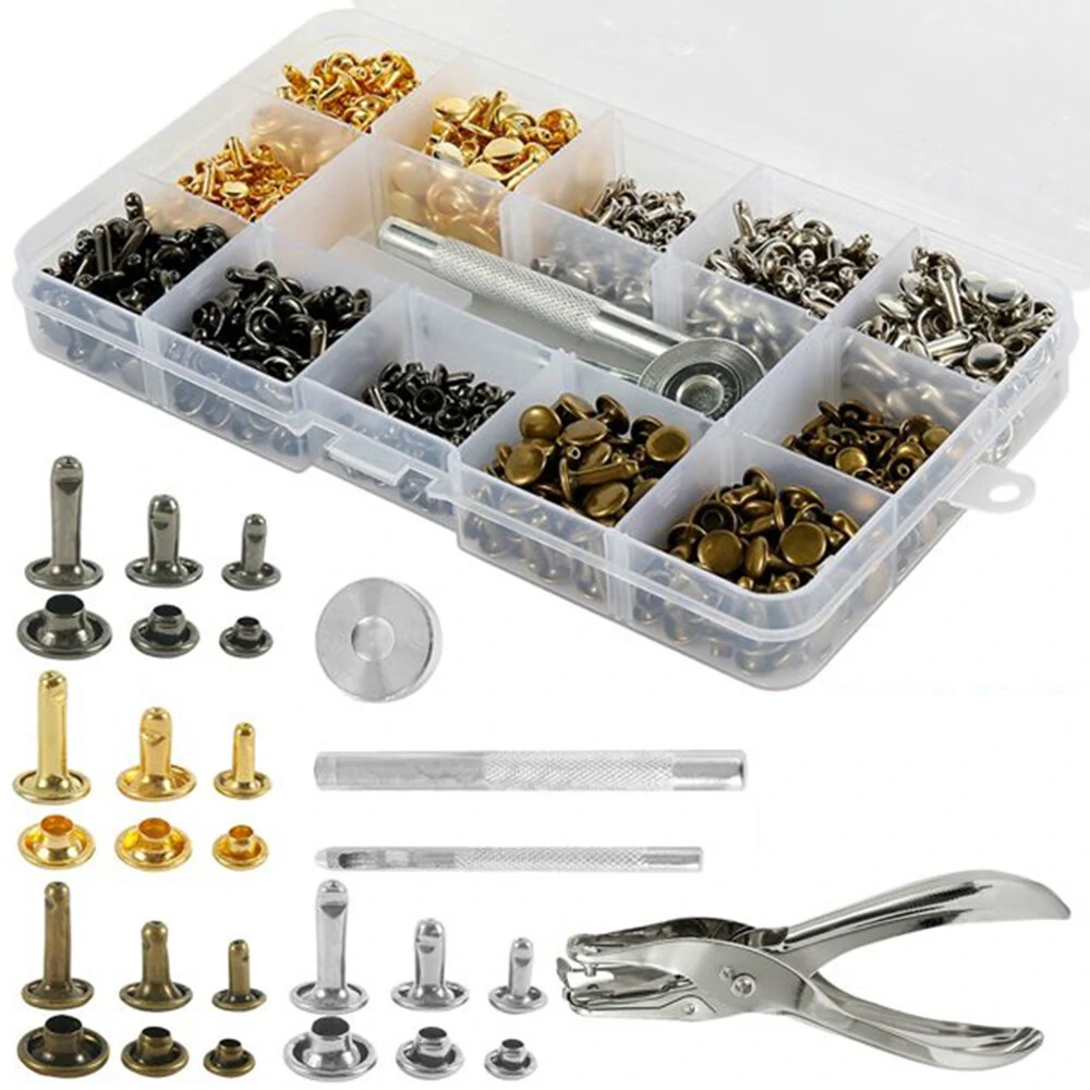 360Pcs Leather Rivets Kit with Punch Pliers & Setting Tools | Double Cap Metal Studs for Leather Craft & Repairs