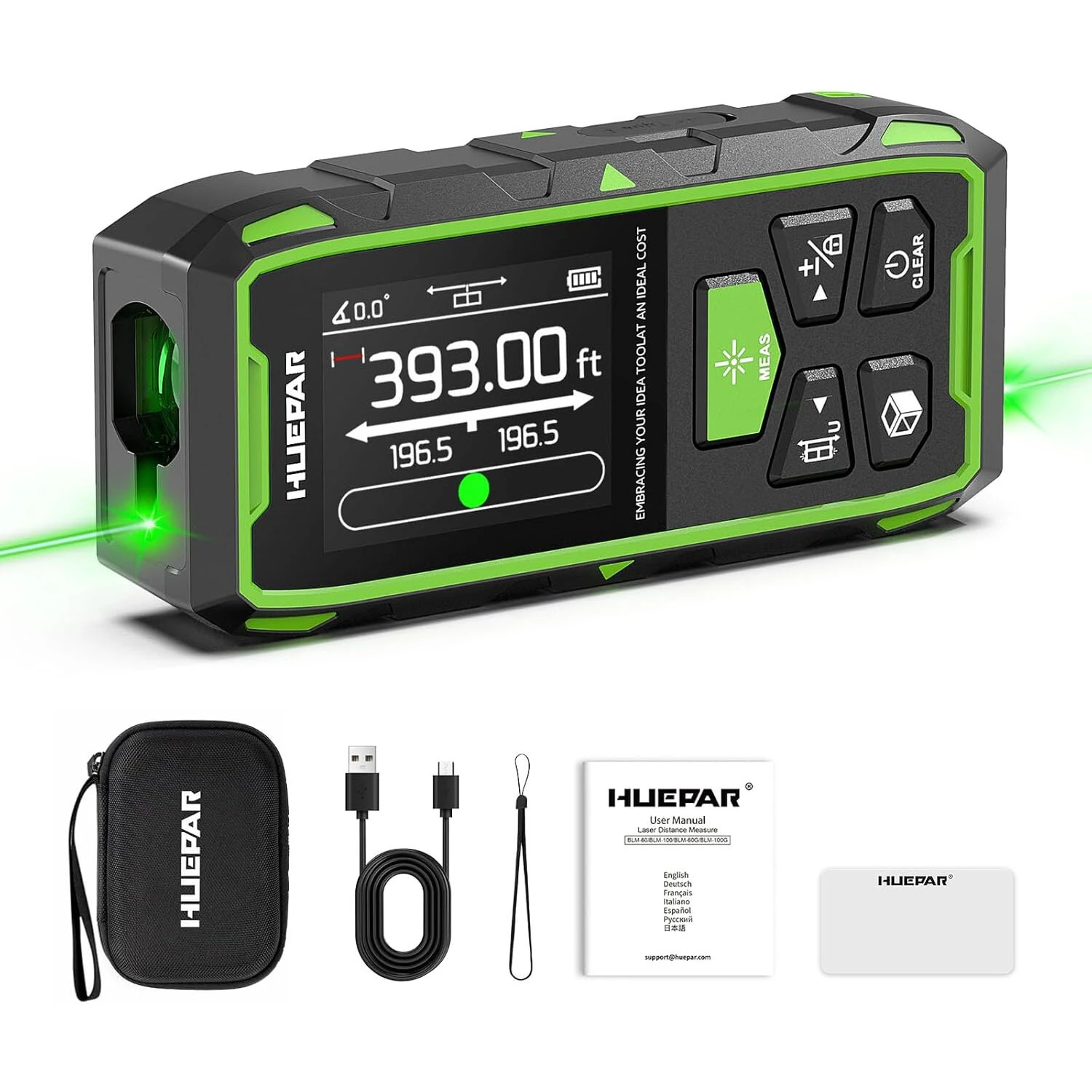 Huepar Dual Green Beam Laser Distance Meter | 393Ft/656Ft Range | Rechargeable with Backlit LCD