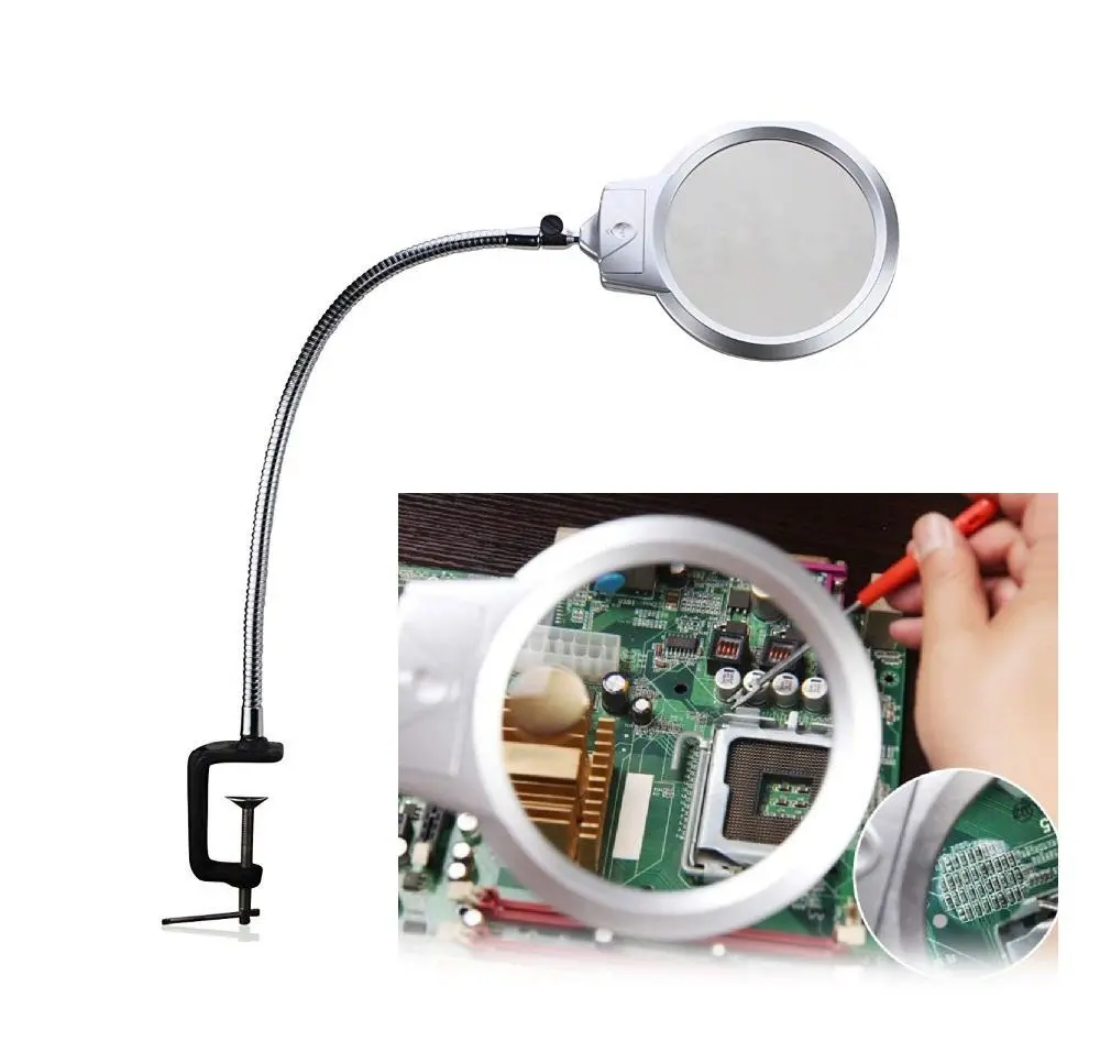 Flexible Neck Magnifying Desk Lamp - 2.5-5X 107mm Lens with Table Clamp | Repair Magnifier