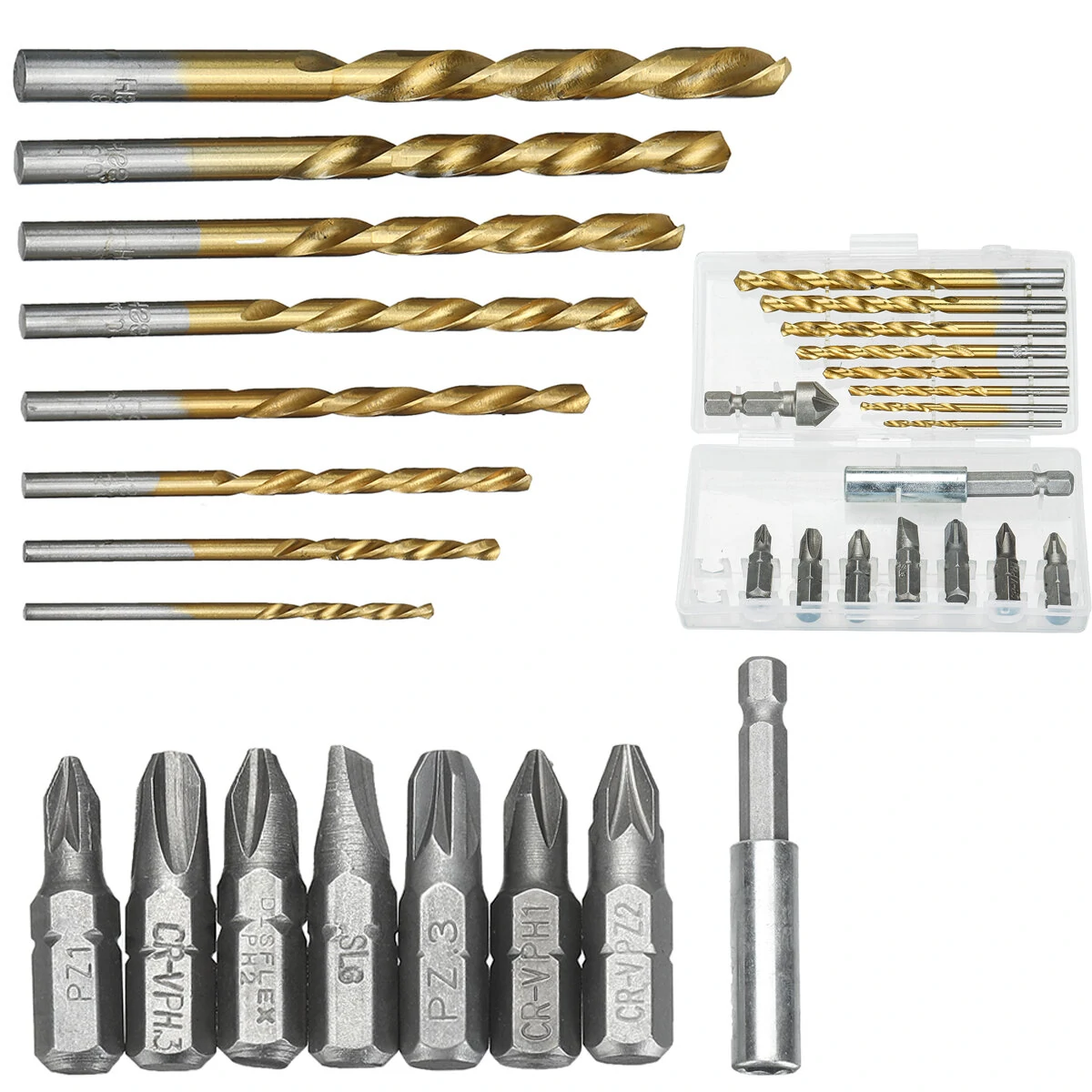 18PCS HSS Drill Bit Set - Phillips Pozidriv Slotted & Twist Drill Bits | 60mm Extension Rod & Storage Box
