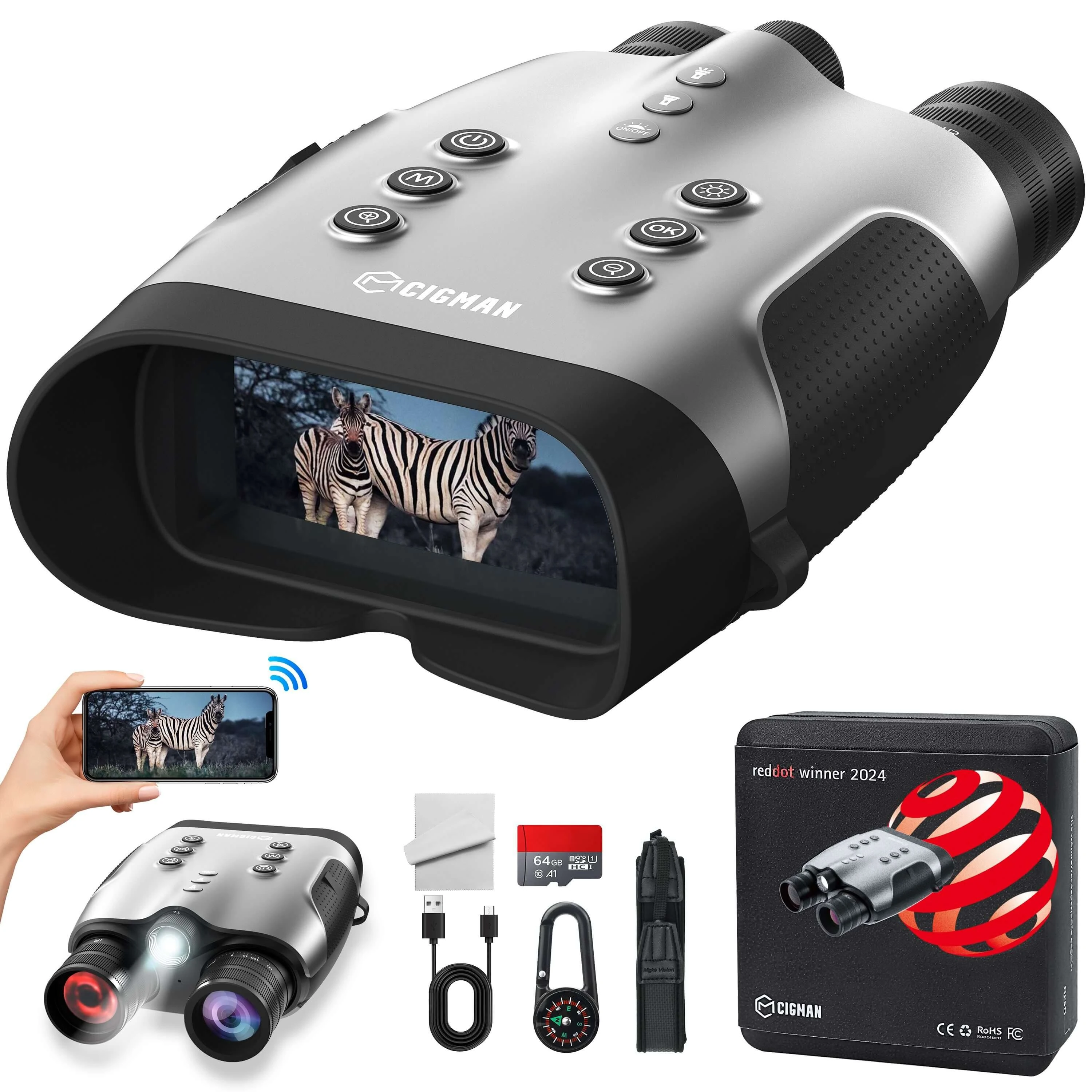 CIGMAN CNVPRO Night Vision Binoculars | 4K Video 8X Zoom WiFi - 52MP Infrared IP54 Waterproof
