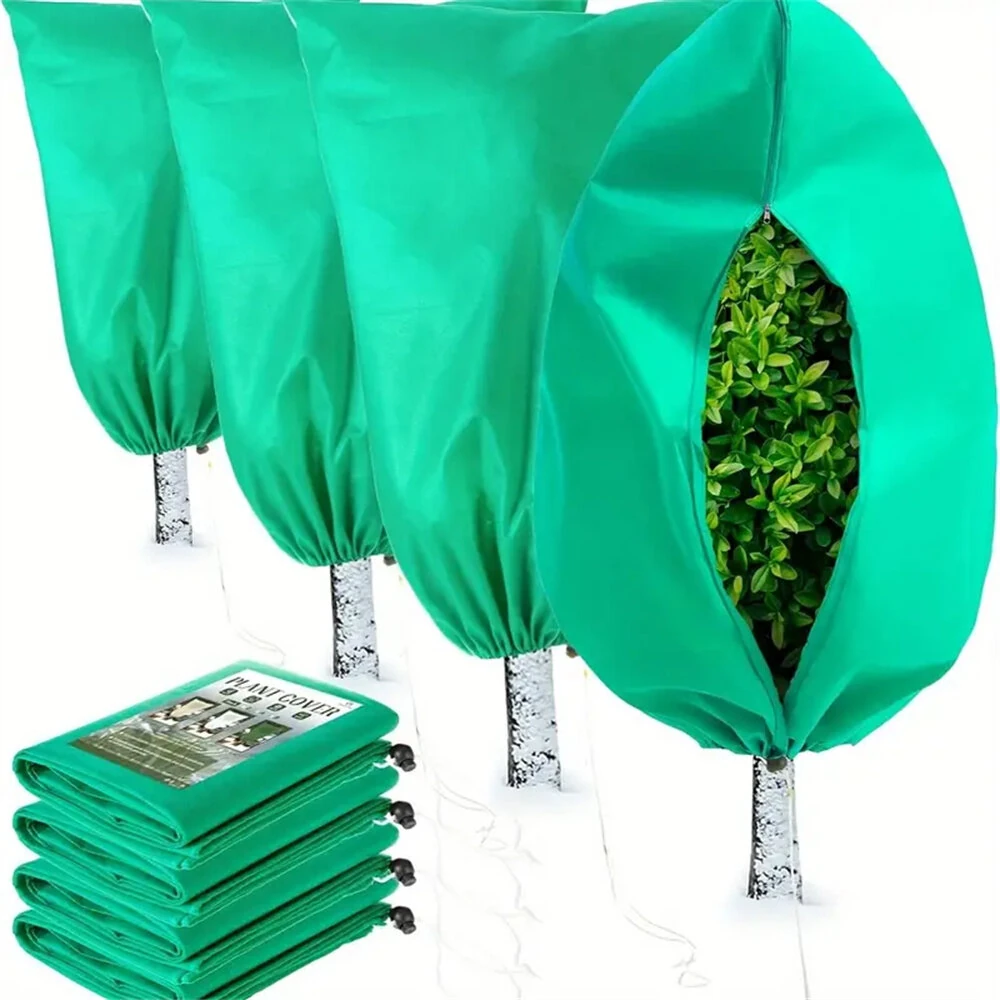 Winter Plant Protection Covers 4-Pack | 80x120cm Green Jackets with Zipper & Drawstring for Shrubs & Trees