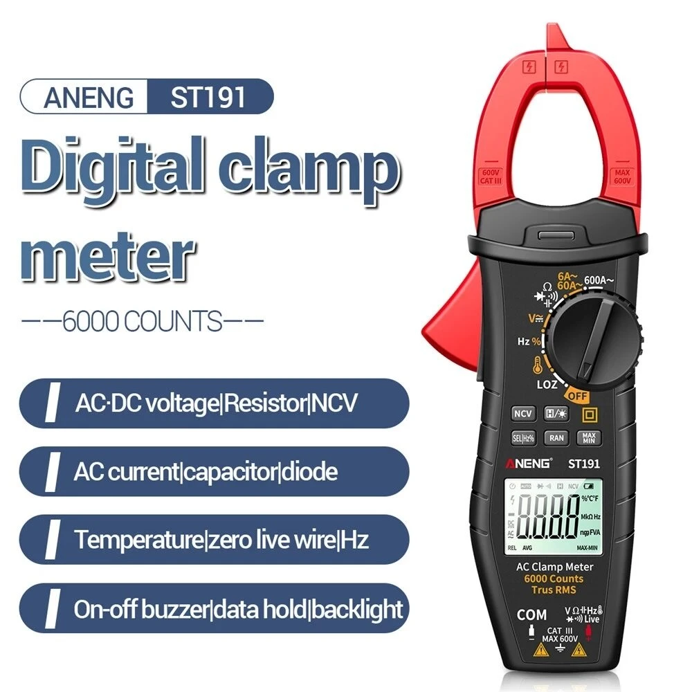 ANENG ST191 True RMS Clamp Meter - 6000 Counts AC Current Amp Voltage Tester