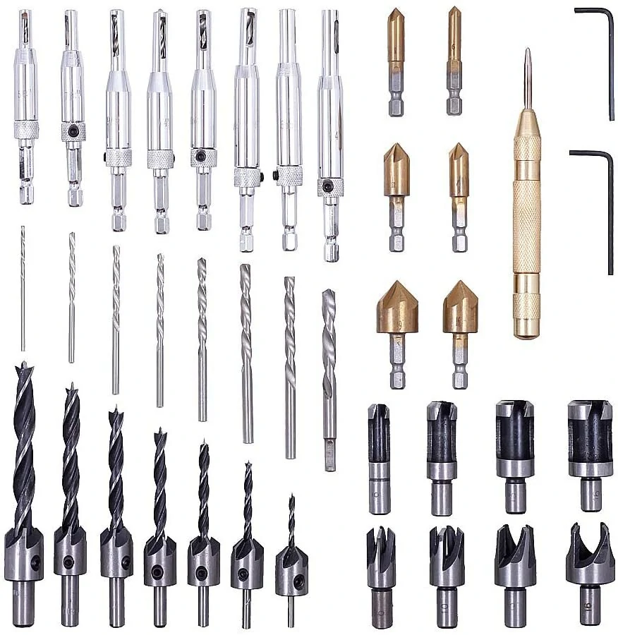 Drillpro 40pcs Wood Chamfer & Countersink Drill Bit Set | Plug Cutter & Center Punch