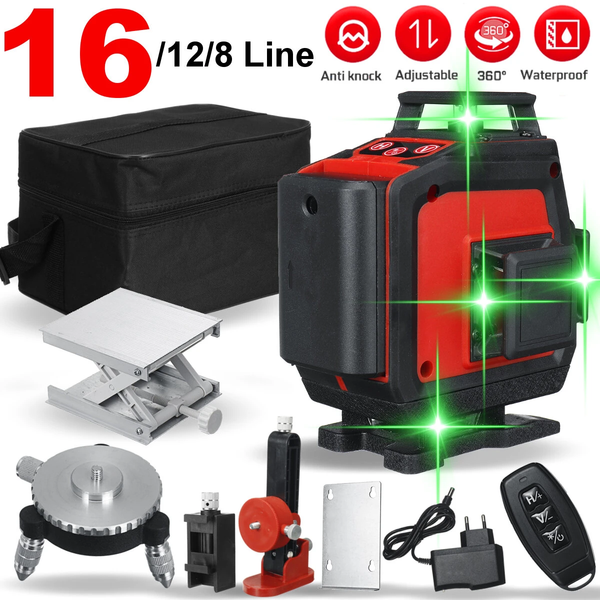 360 Degree Self Leveling Green Laser Level - 8/12/16 Line Cross Line Measure Tool Kit