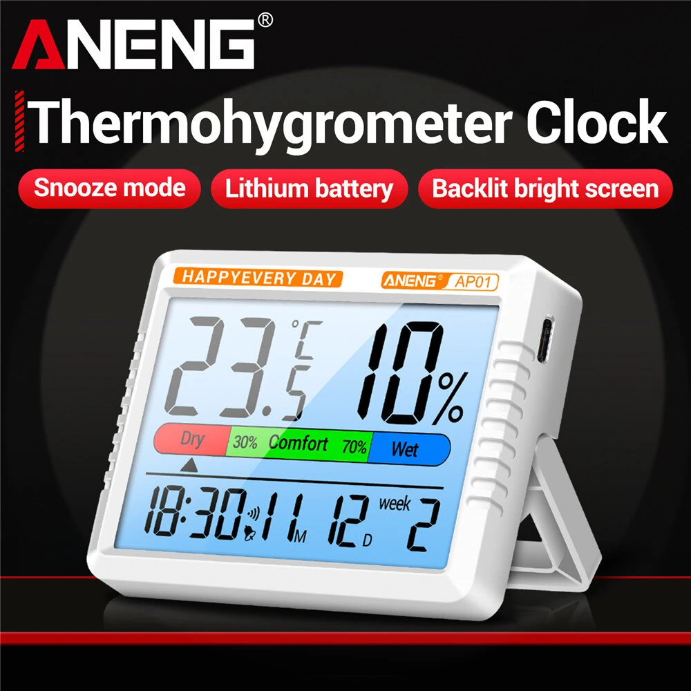 ANENG AP01 Thermohygrometer - Backlit LCD, Temp & Humidity Monitor | Alarm, Calendar, Type-C