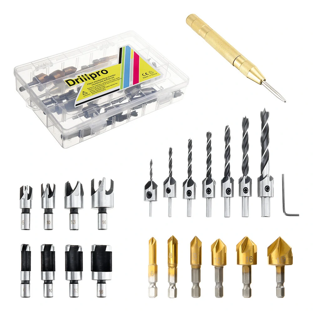 Drillpro 23pcs Chamfering Drill Bit Set | 5 Flute Wood Plug Cutter & Center Punch
