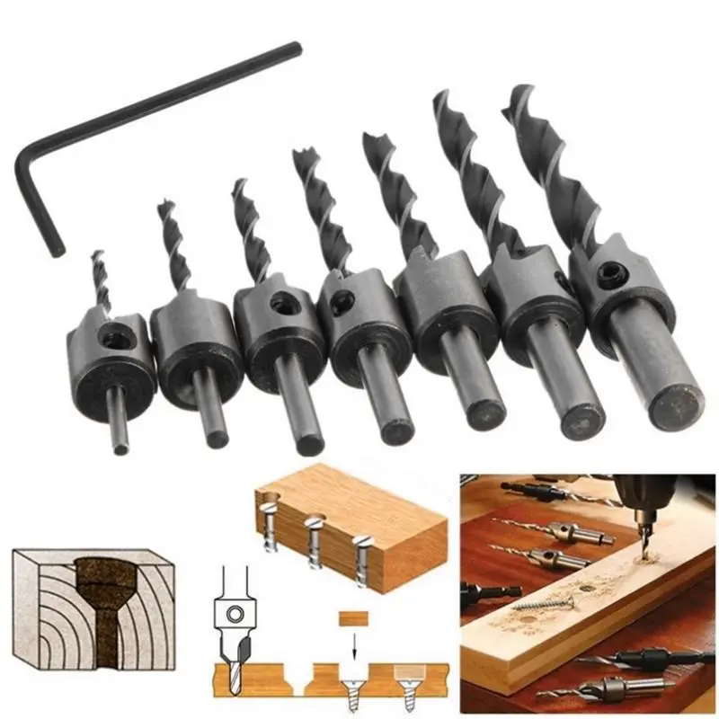 7pcs HSS Countersink Drill Bit Set | 3mm-10mm 5 Flutes for Woodworking