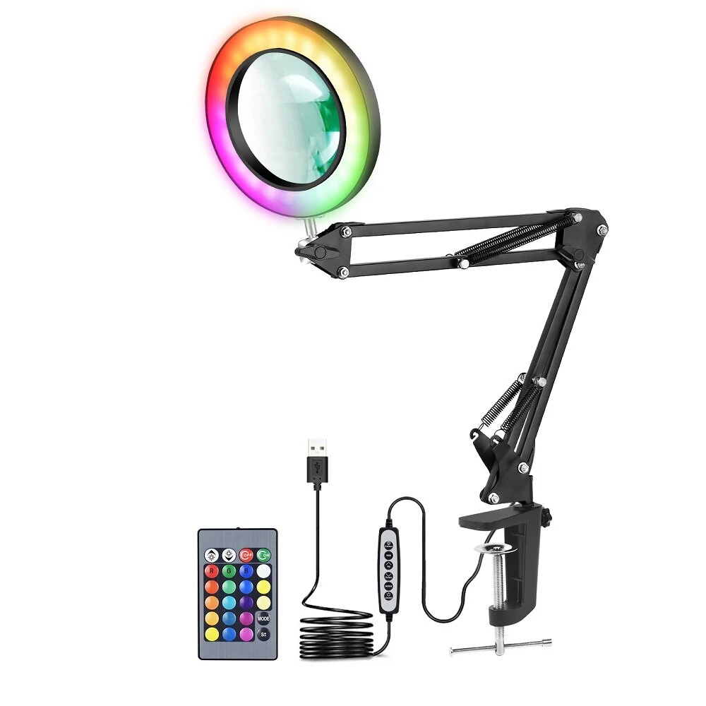 5X RGB LED Desktop Magnifier - USB Rechargeable, Adjustable Clip-on Light for Reading & Work