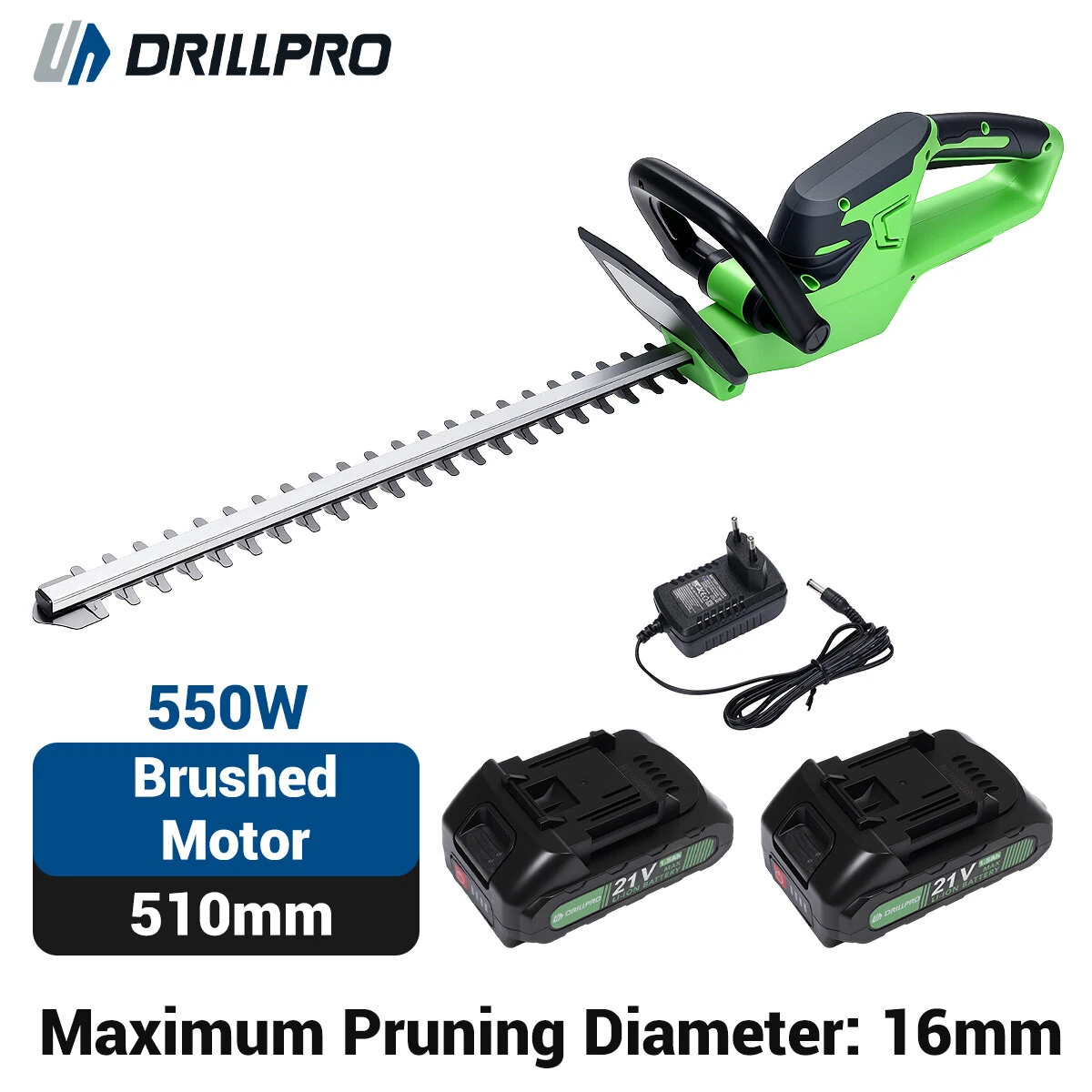 Drillpro Cordless Hedge Trimmer 21V 510mm Blade - Compatible with Makita Battery | 16mm Branch Capacity