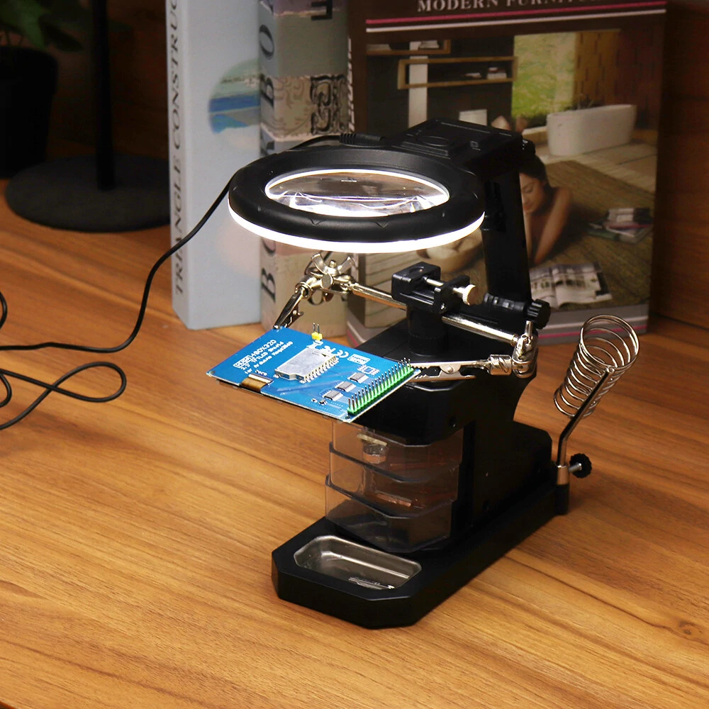 3X/4.5X/25X Magnifying Glass with LED Lights | Illuminated Soldering Iron Stand & Third Hand Tool