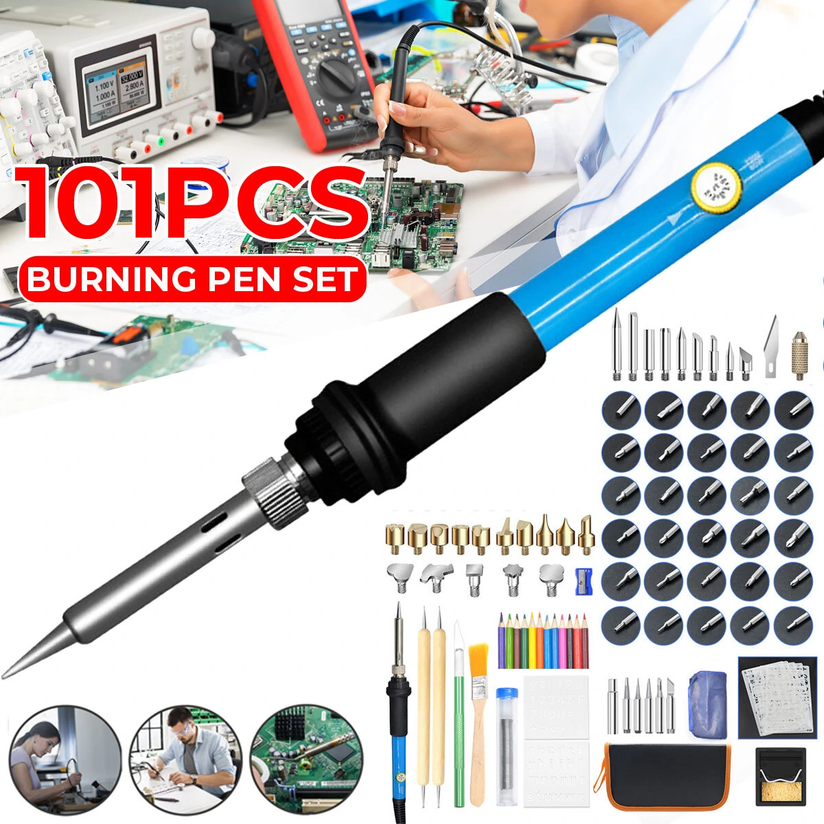 60W Electric Pyrography Soldering Iron Kit - 101Pcs Tips, 200-450°C Adjustable | Wood Burning Pen Tool